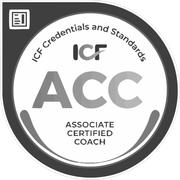 ICF Associate Certified Coach badge with text and a small document icon.