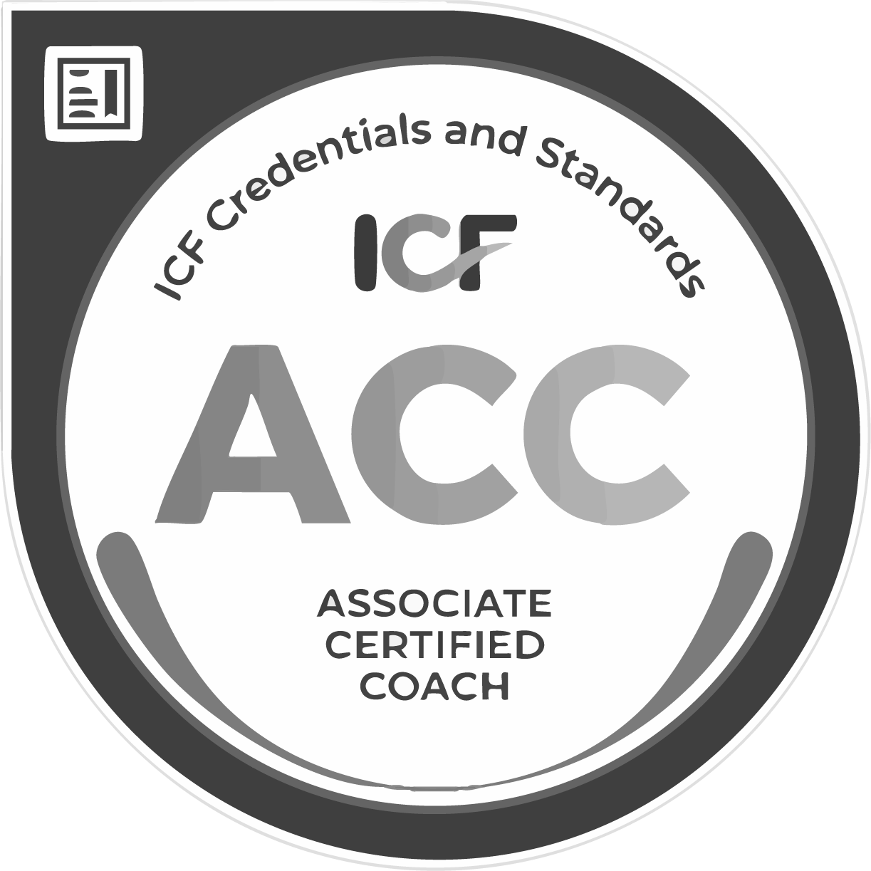 ICF Associate Certified Coach badge with text and a small document icon.