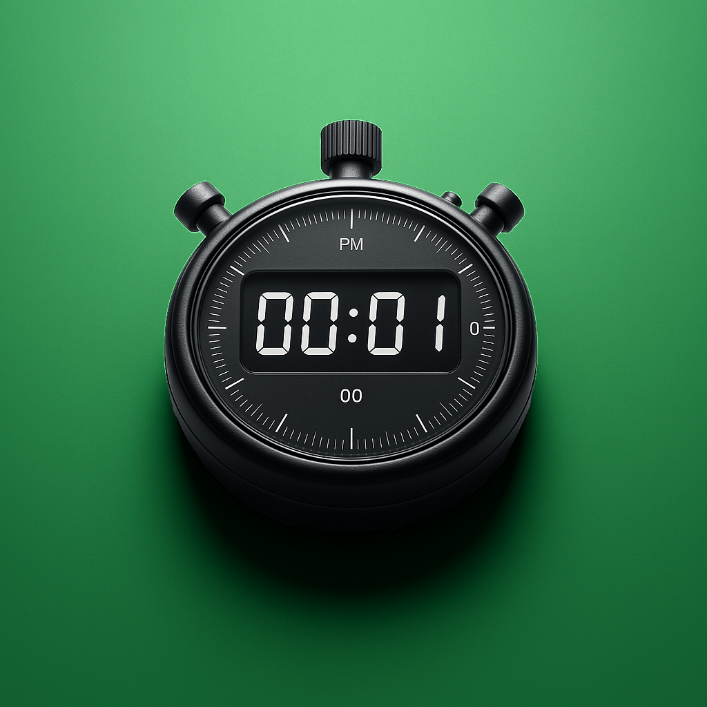 Black stopwatch on green background, displaying