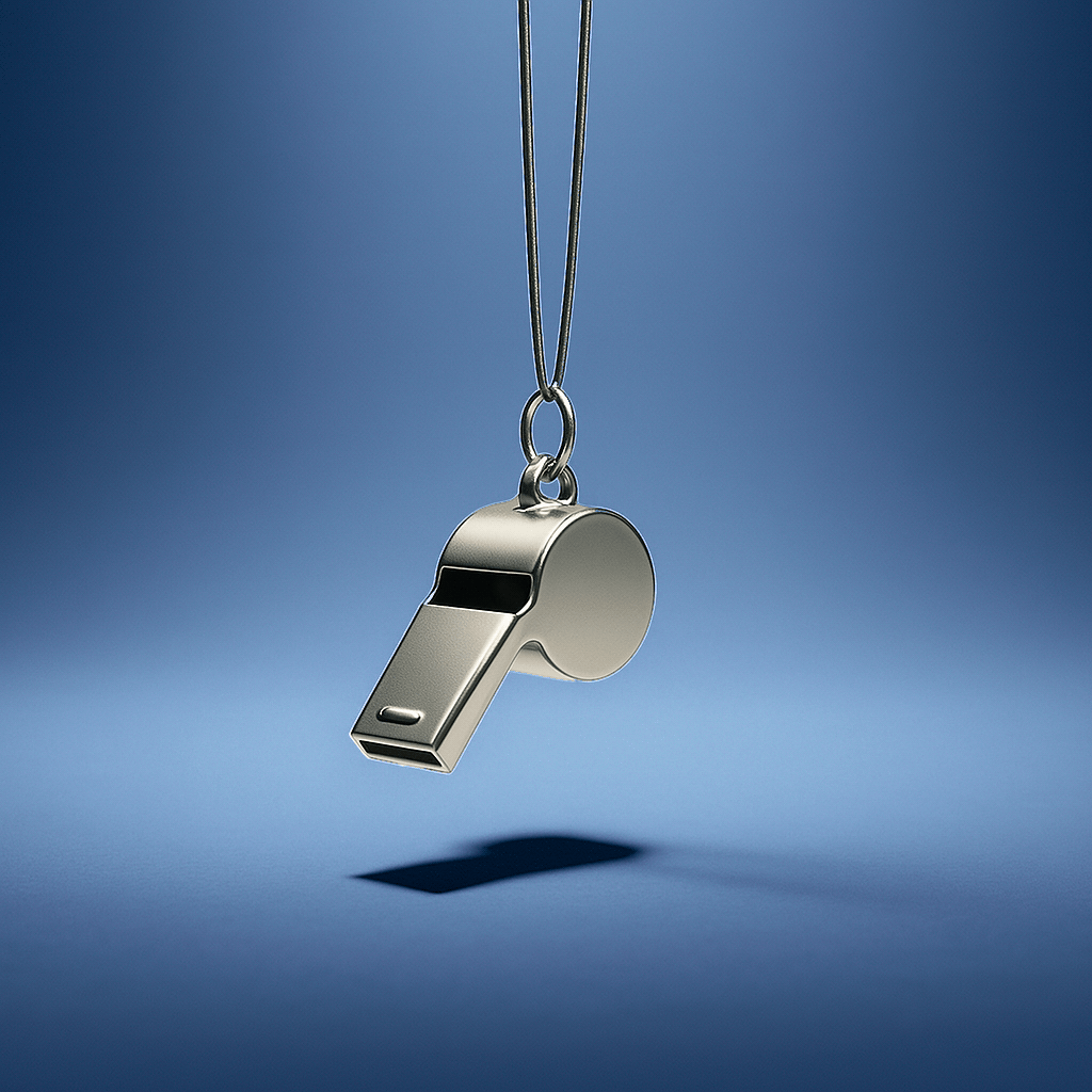 Silver whistle hanging on a chain against a blue background.