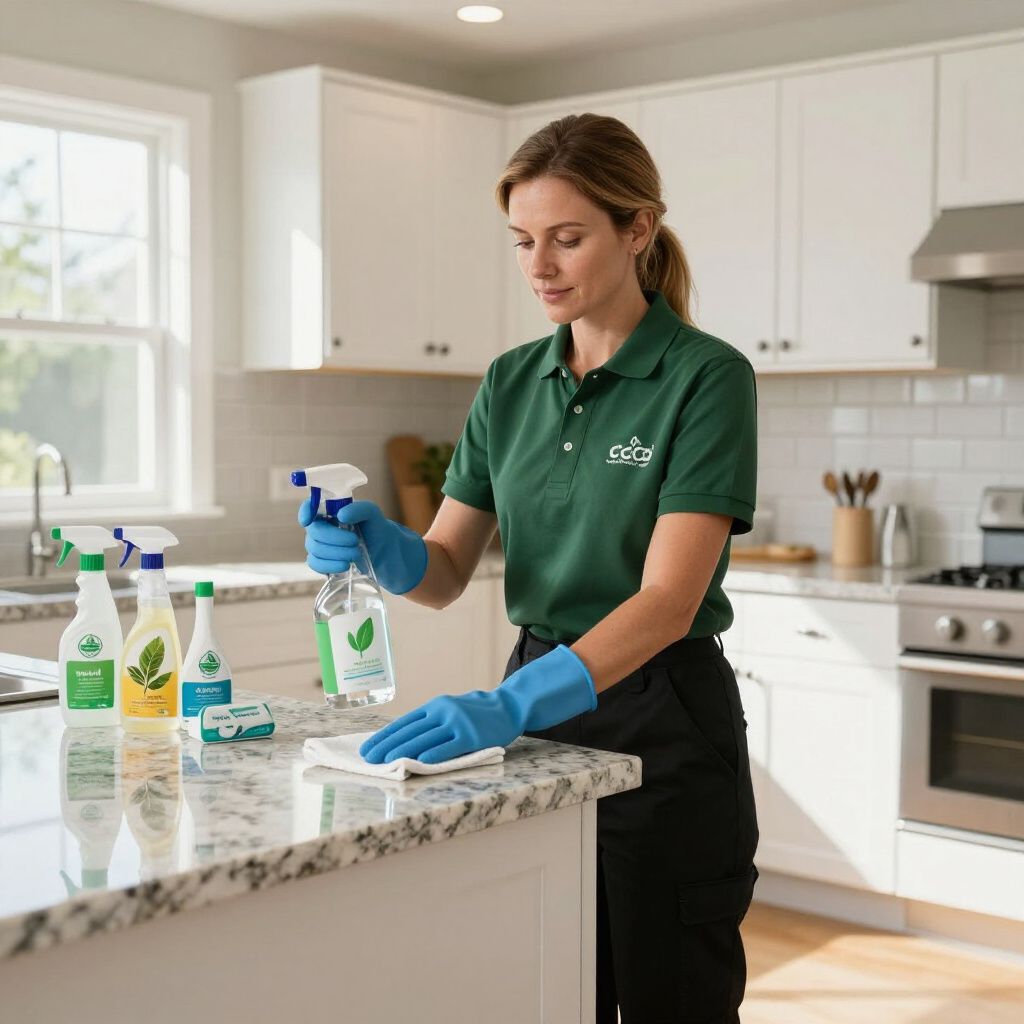 Woman in green shirt, blue gloves cleaning kitchen counter with spray bottle and cloth.