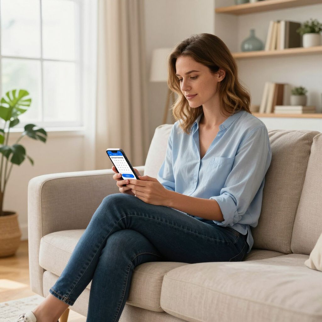 Woman in blue shirt and jeans, sitting on a sofa, looking at a phone in a living room.