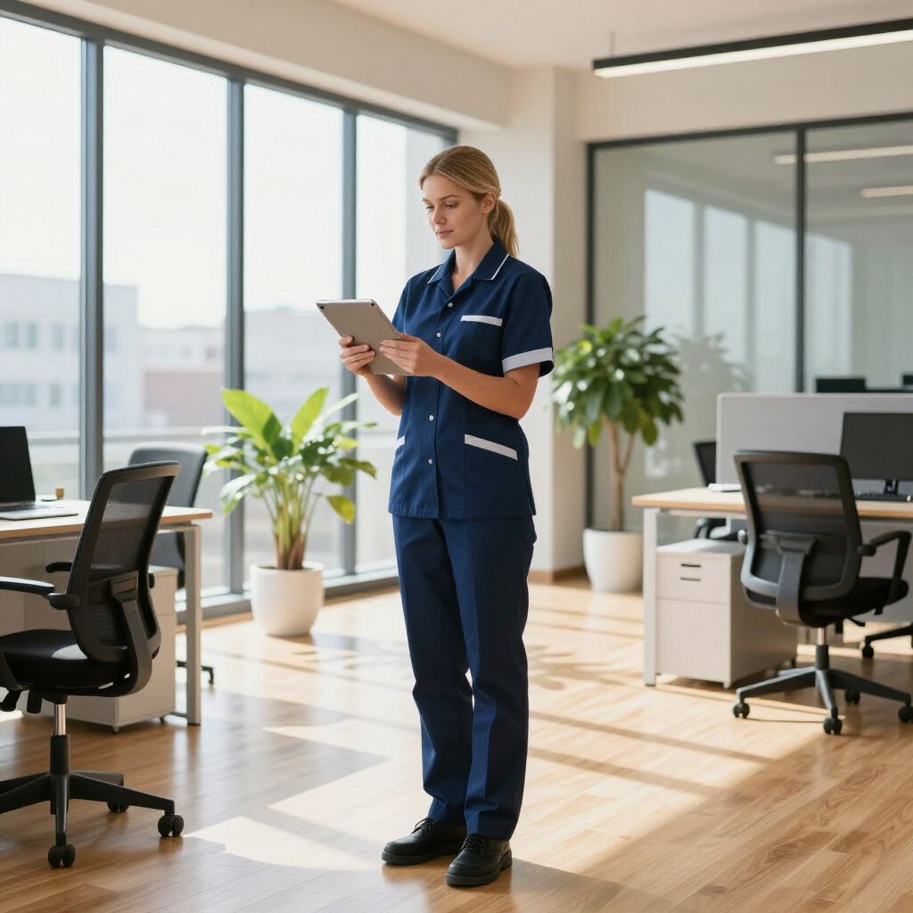 Woman in blue scrubs using a tablet in an office with desks and large windows.