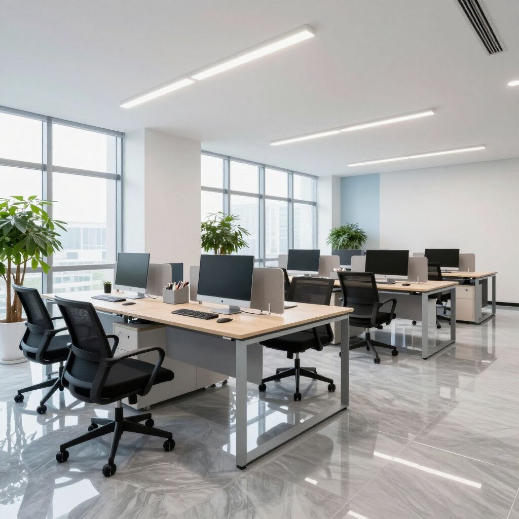 Modern office space with desks, computers, chairs, and large windows. Flooring is marble. Several potted plants.