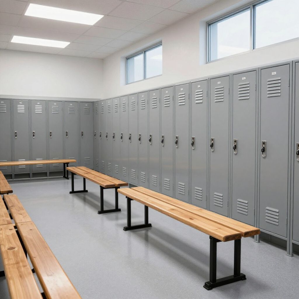 Empty gray locker room with benches.