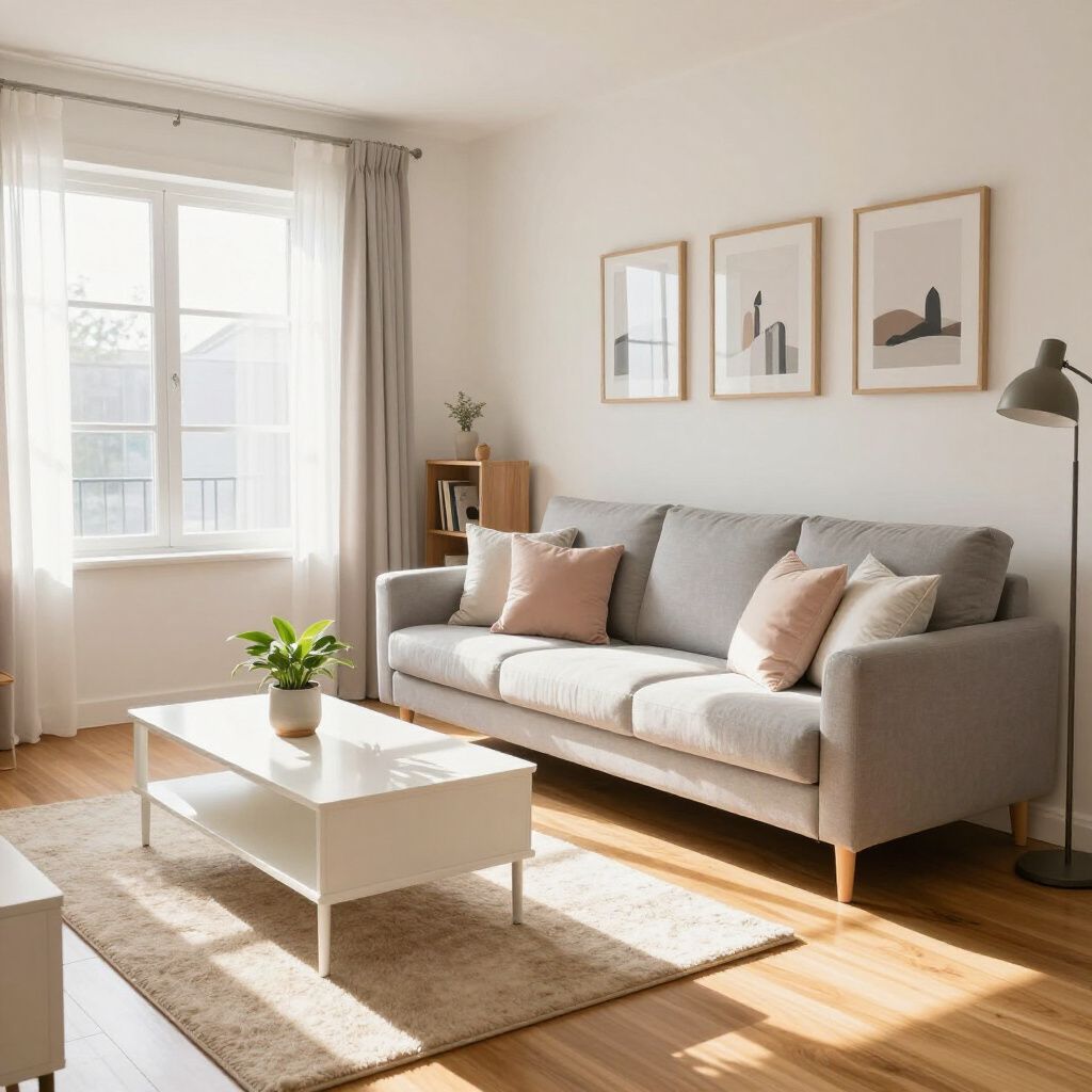 Living room with a gray sofa, white coffee table, and framed art. Soft sunlight streams through the window.