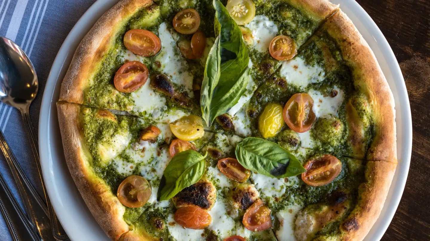 A pizza with pesto , tomatoes , basil and cheese on a white plate.