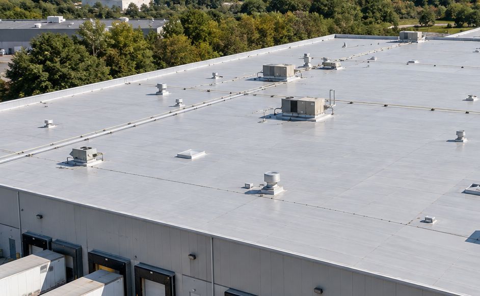 White flat rooftop with HVAC units and vents, bordered by trees and buildings in the background