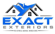 Exact Exteriors logo with blue and black rooftops and the text “Roofing Siding Windows”