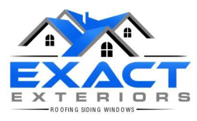Exact Exteriors logo with blue and black rooftops and the text “Roofing Siding Windows”