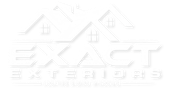 White “Exact EXTERIORS” logo with two roofline house outlines