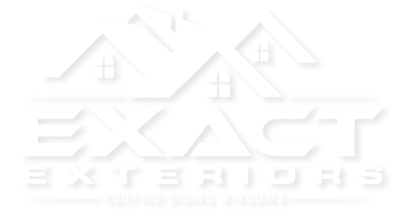 White “Exact EXTERIORS” logo with two roofline house outlines