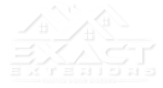 White “Exact EXTERIORS” logo with two roofline house outlines