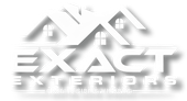 White logo for Exact Exteriors with two house roof icons and small text beneath.