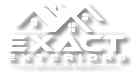White “Exact EXTERIORS” logo with two roofline house outlines