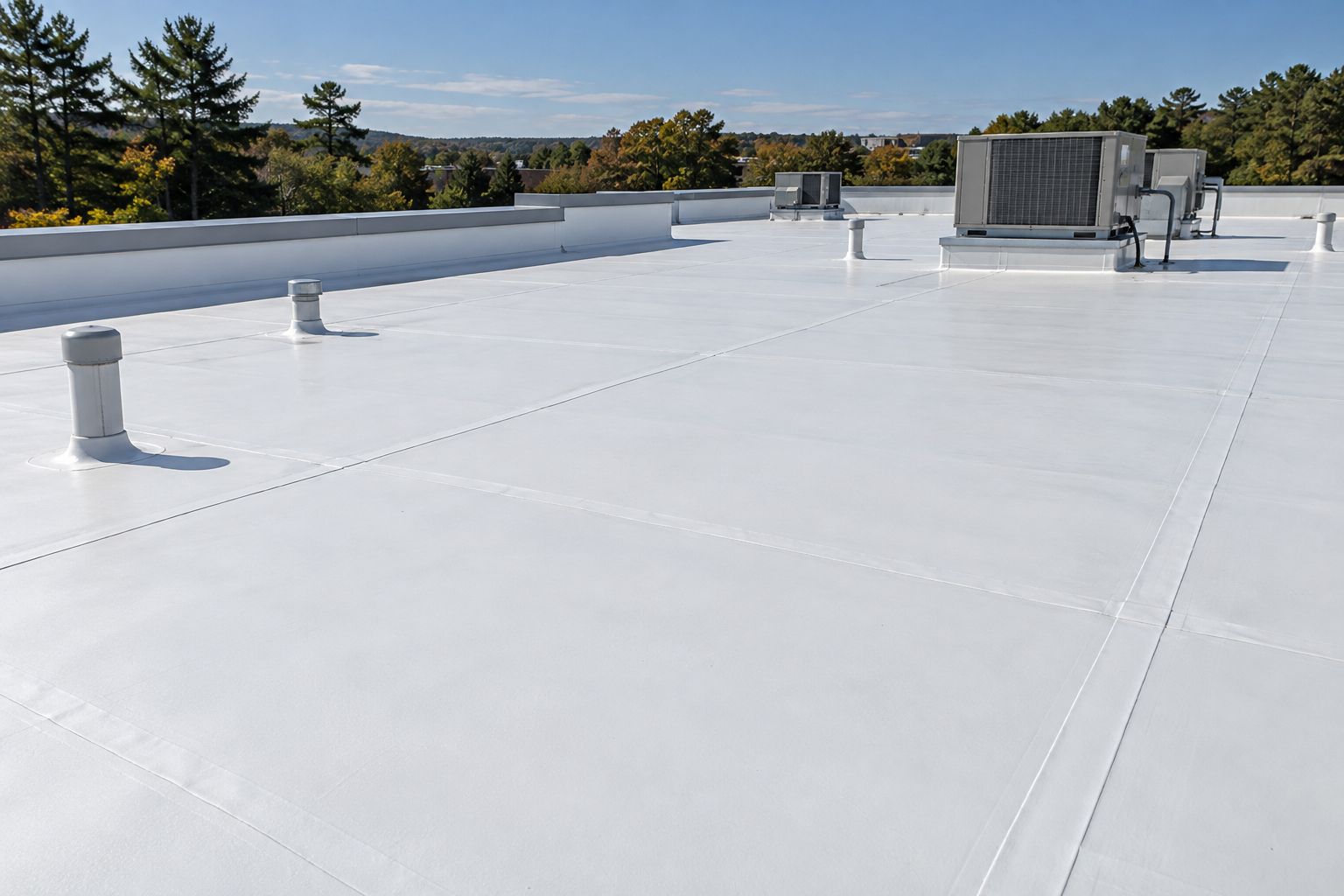 Roofers installing new shingles on a house roof, with one section partially completed and tools nearby.