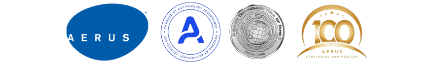 Row of four circular company logos on a white background, including blue, gray, and gold emblems.