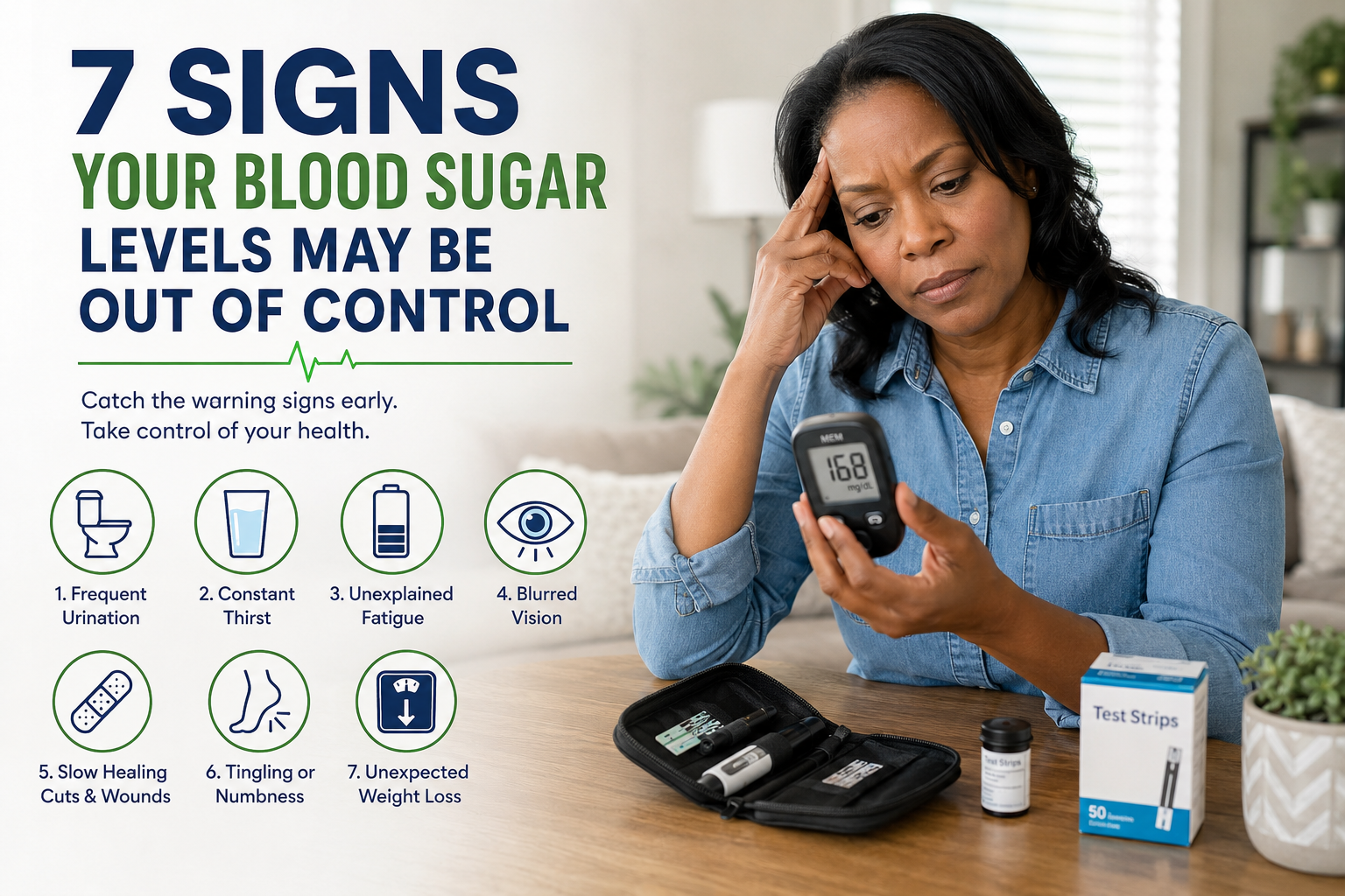 Woman checking blood sugar with glucose meter beside infographic: “7 signs your blood sugar levels may be out of control”