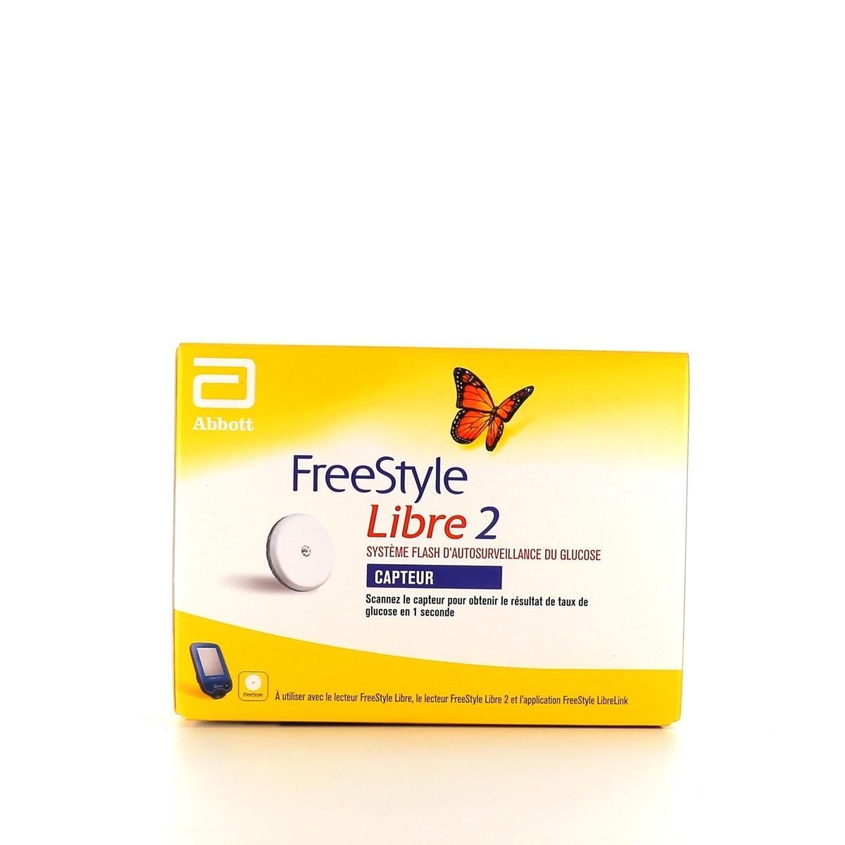 FreeStyle Libre 2 glucose monitor box on white background with yellow design and butterfly logo