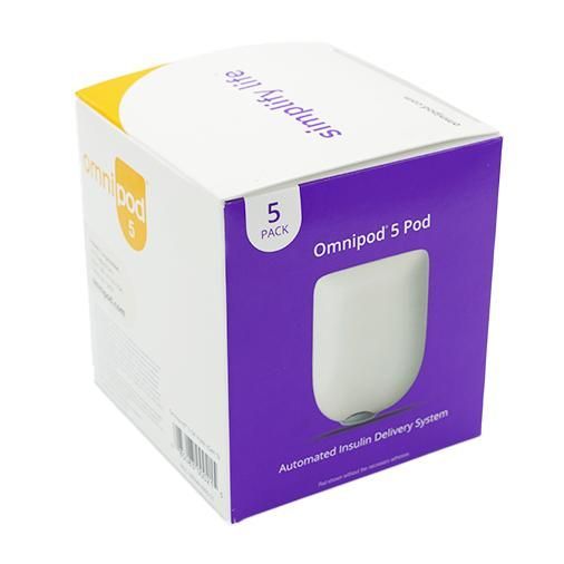 Omnipod 5 Pod insulin delivery device box, white and purple packaging, 5-pack.