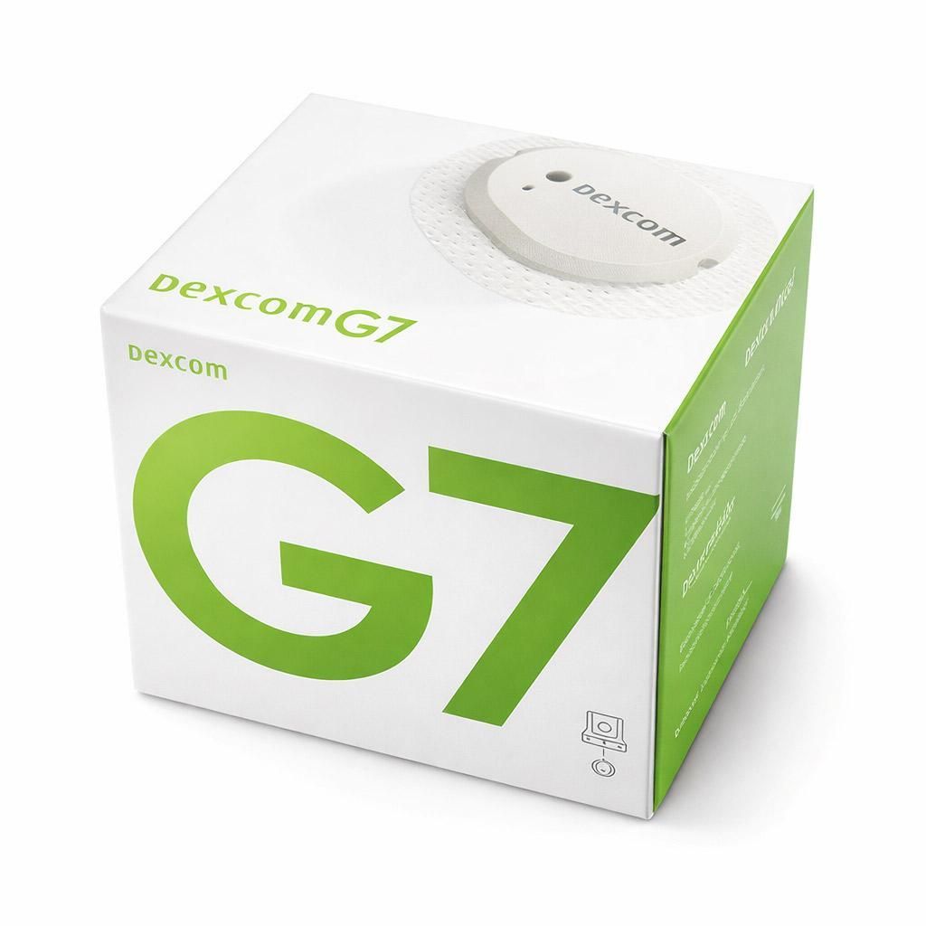 Dexcom G7 glucose monitor box, white with large green G7 lettering and a sensor on top