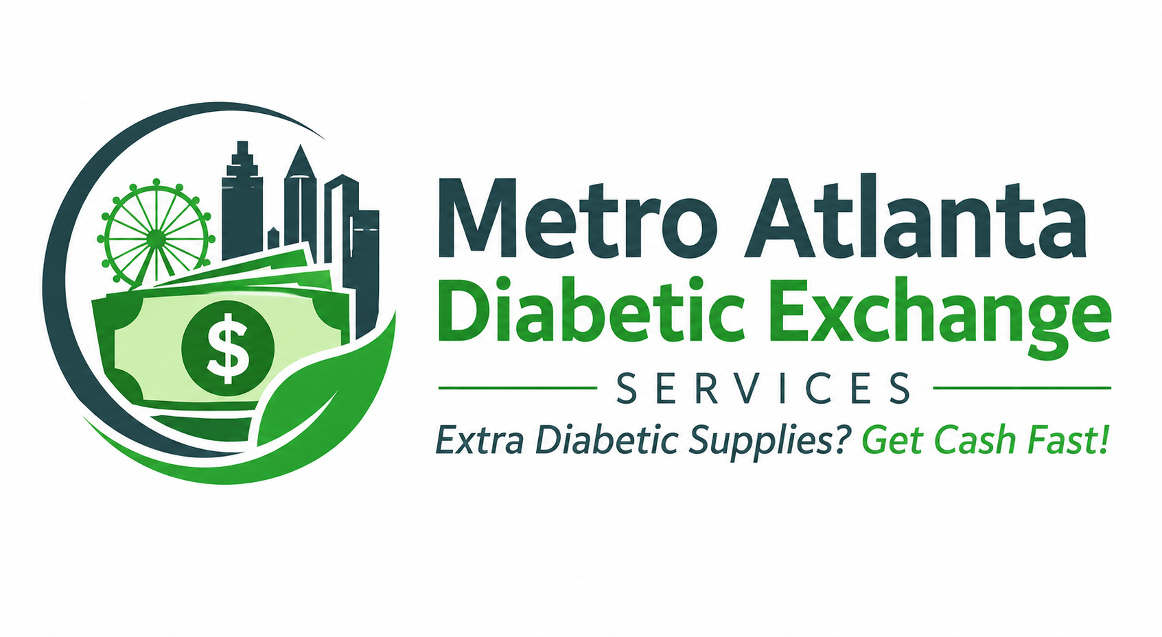 Metro Atlanta Diabetic Exchange Services logo with green diabetic supplies icon and “Extra Diabetic Supplies? Get Cash Fast!”