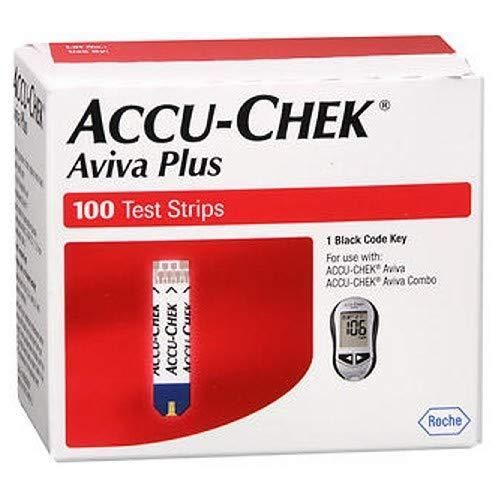 Accu-Chek Aviva Plus 100-test strip box, white and red packaging with glucose meter image