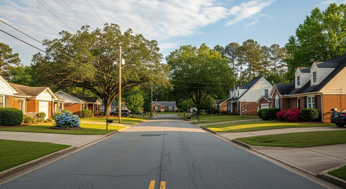 Quiet suburban street lined with brick houses, trees, and neatly kept lawns under a blue sky
