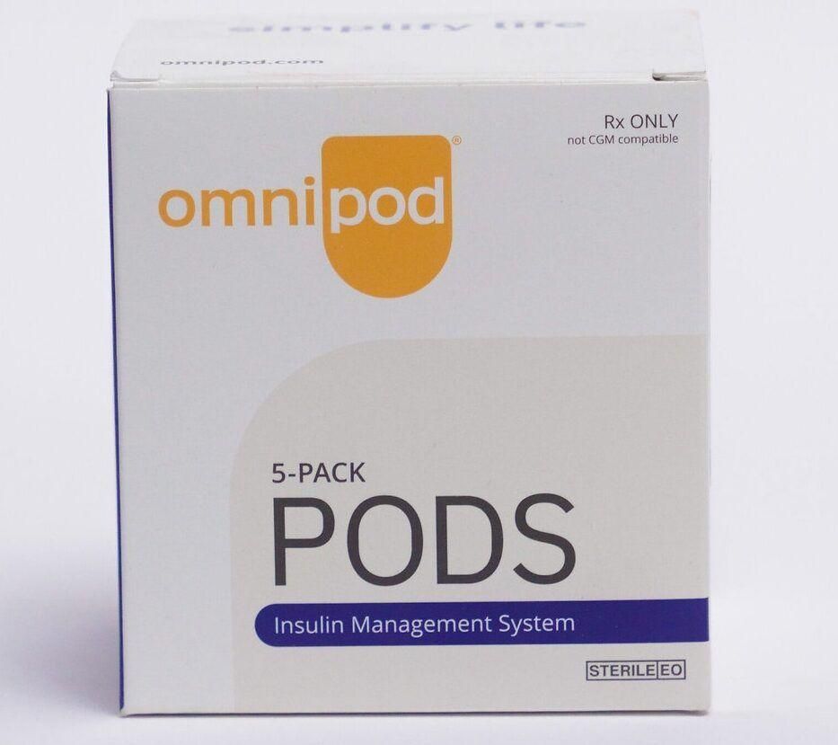Omnipod 5-pack insulin pump pods box with white and orange packaging
