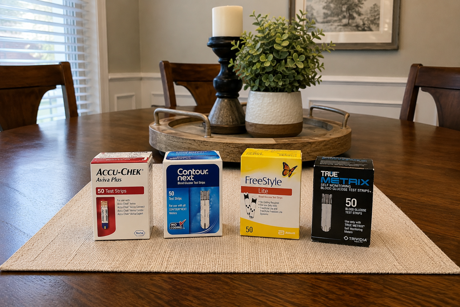 Four colorful retail boxes displayed on a dining table with a plant centerpiece in the background