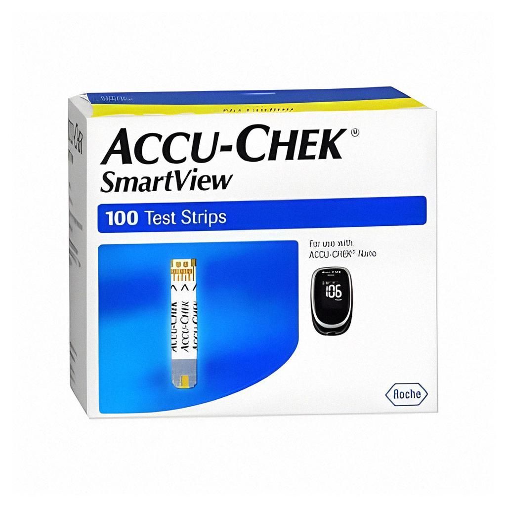 ACCU-CHEK SmartView 100 test strips box, white and blue packaging with glucose meter image