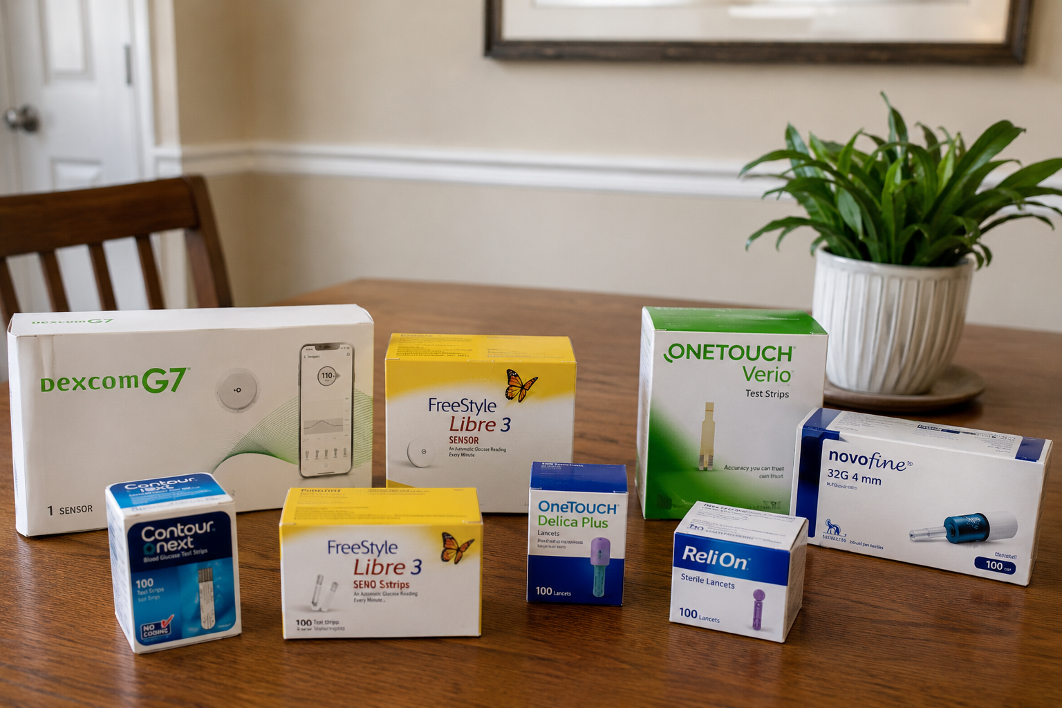 Assorted diabetes test kits and glucose meters arranged on a wooden table with a potted plant in the background