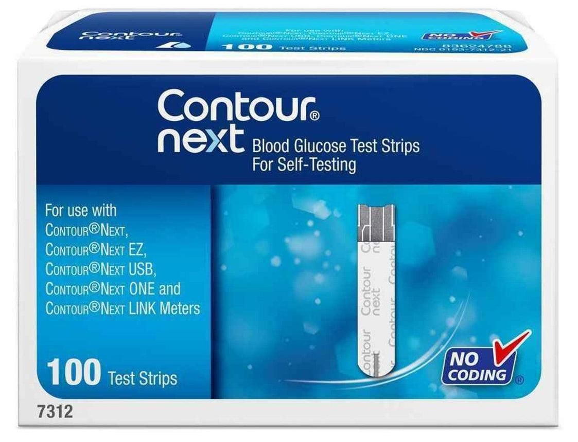 Contour Next blood glucose test strips box, blue and white, 100 test strips, no coding