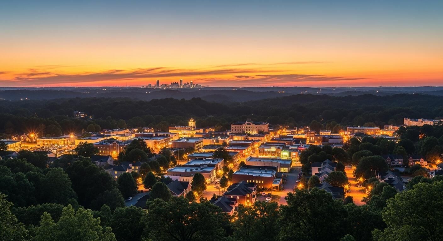 Sunset over a lit town with distant skyline and dark trees in the foreground