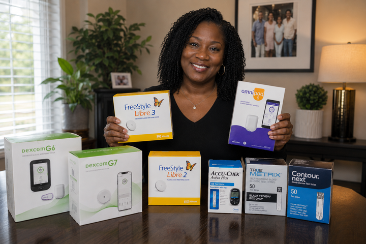 Woman smiling behind a table of boxed home-testing kits in a bright room.