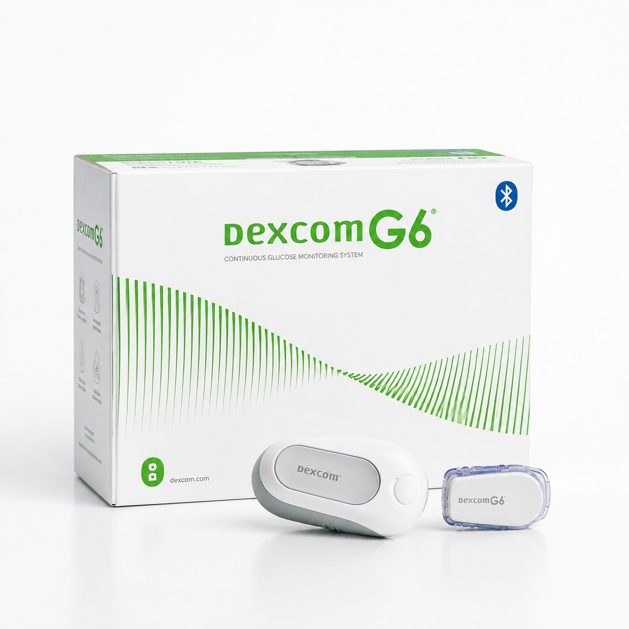 Dexcom G6 glucose monitoring system box with sensor and transmitter on a white background