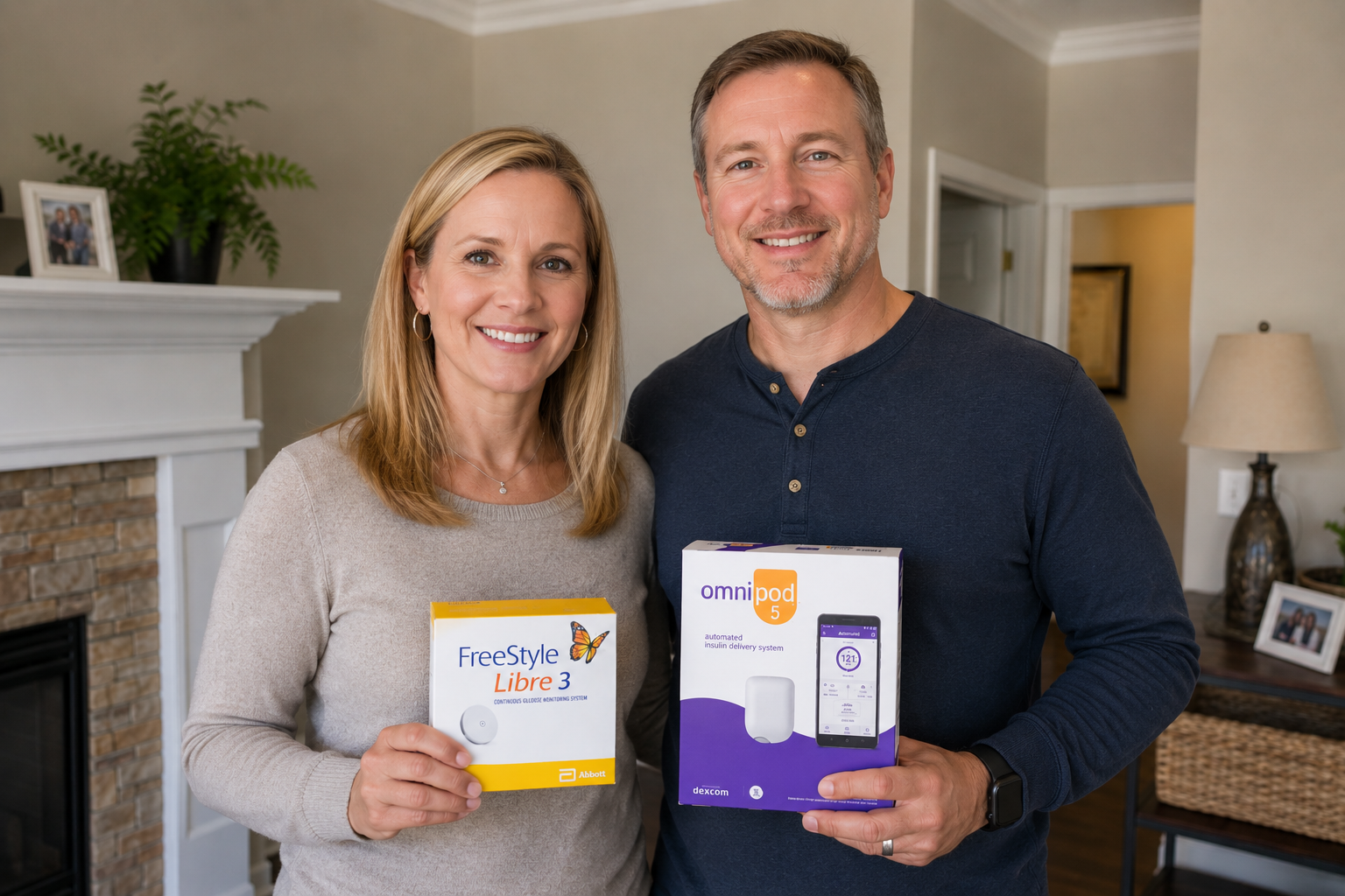 Smiling couple holding product boxes in a living room with a fireplace and lamp.