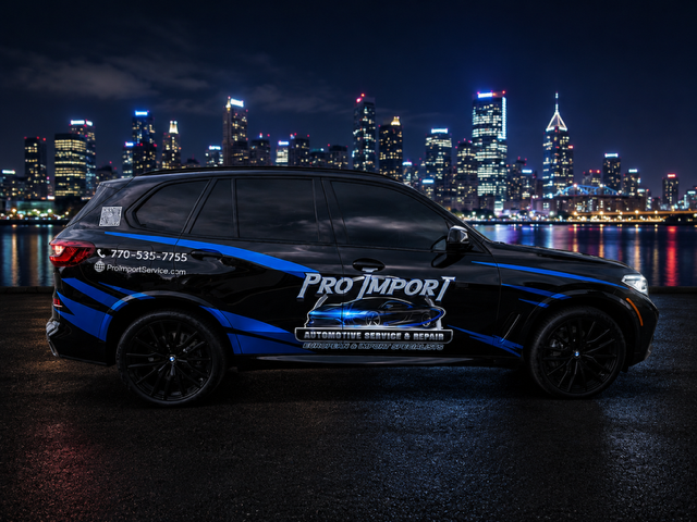 Black ProImport sedan with blue graphics parked by a city skyline at night  | Pro Import Automotive Service and Repair