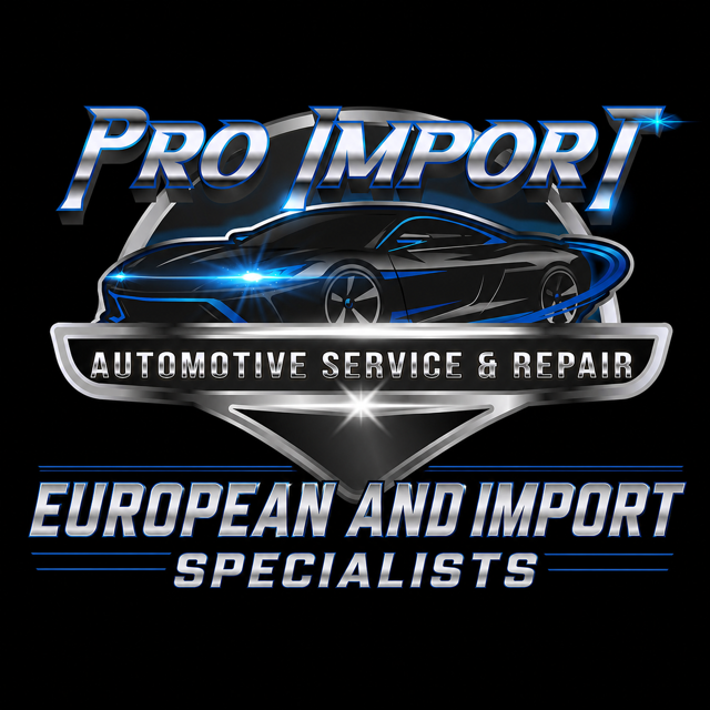 Pro Import automotive service and repair logo with blue sports car | Pro Import Automotive Service and Repair