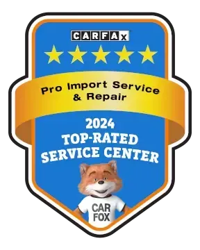 A CARFAX 2024 Top-Rated Service Center badge for Pro Import Service & Repair. | Pro Import Automotive Service and Repair