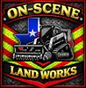 On-scene land works logo with bulldozer, Texas flag, and red-yellow chevrons on black background