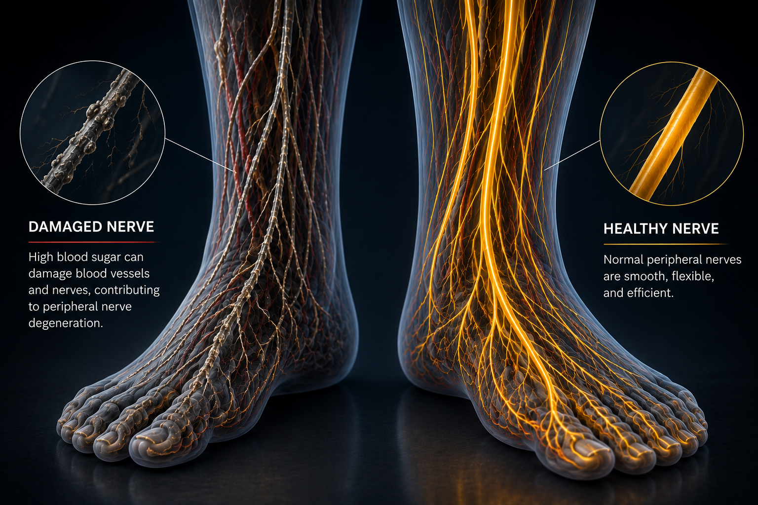 Illustration comparing healthy nerve tissue with nerve damage associated with diabetes