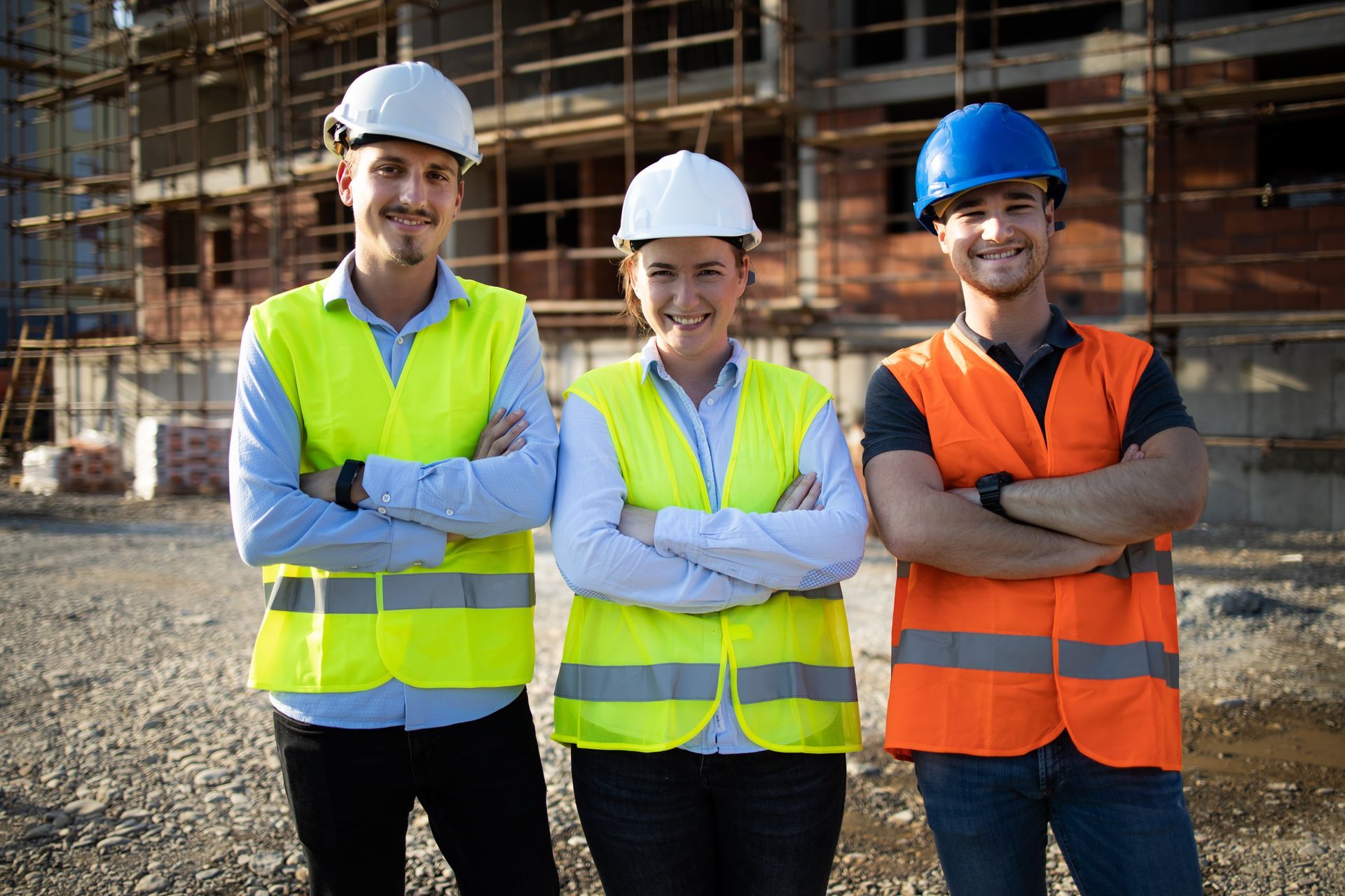 Trois ouvriers du bâtiment posent pour une photo devant un bâtiment en construction.