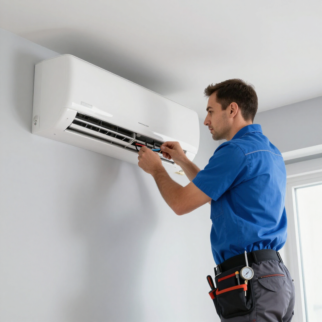 Un técnico con uniforme azul repara un aire acondicionado blanco montado en la pared de una habitación.