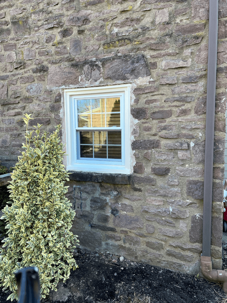 Stone house wall with small white-framed window and potted evergreen shrub beside it.