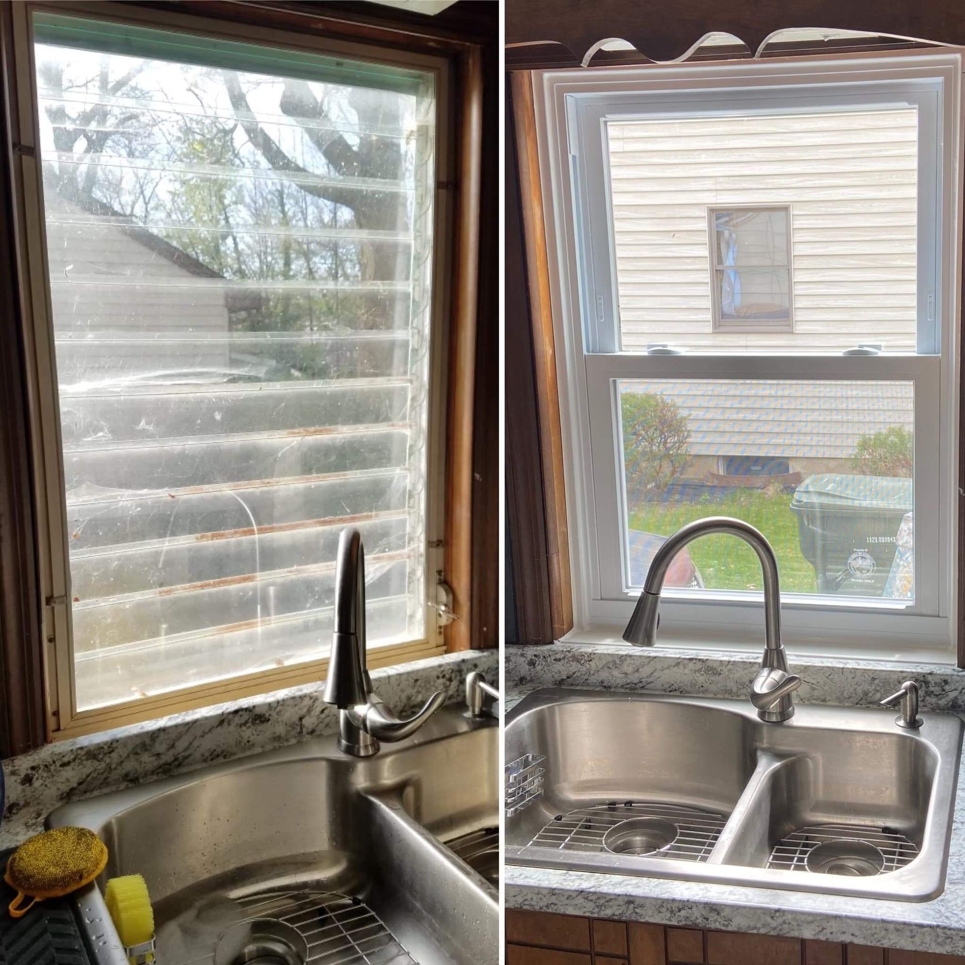 Side-by-side kitchen sink windows: frosted left pane and clear right pane with white house and yard outside.