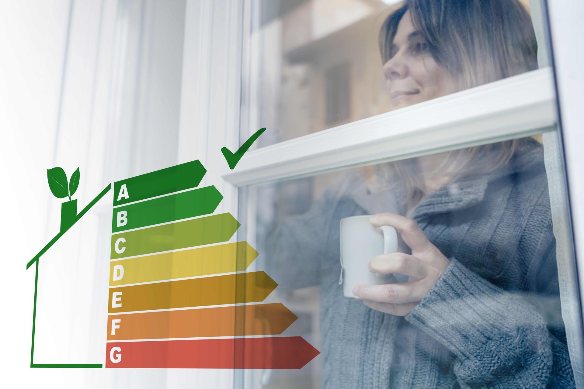 Woman holding a mug by a window beside a colorful energy-efficiency rating chart