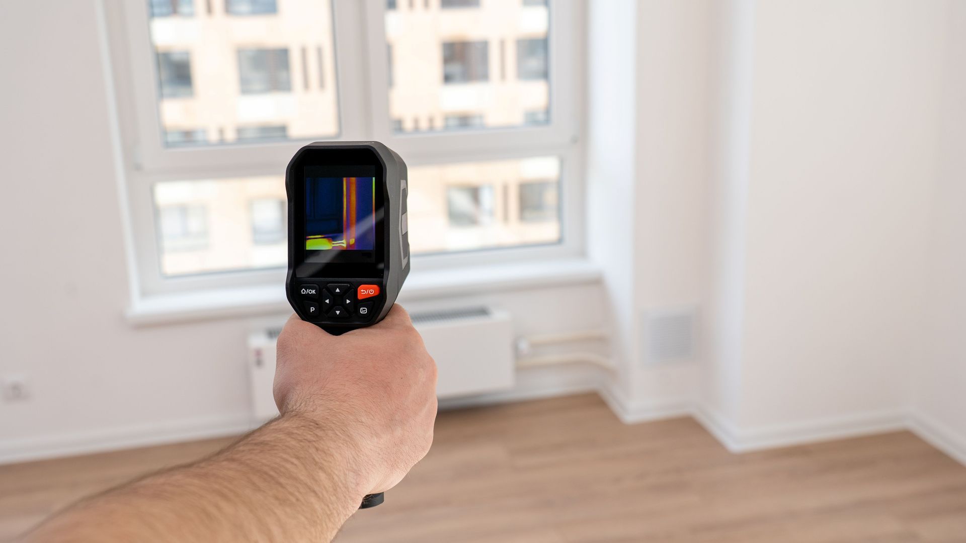 Handheld thermal camera aimed at a bright window in a minimal room