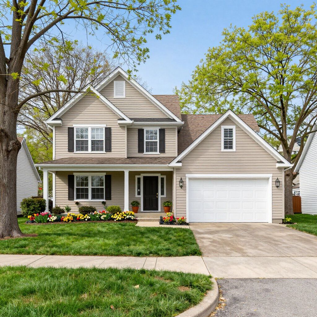 Beige two-story house with a white garage door, black shutters, and a well-kept lawn.