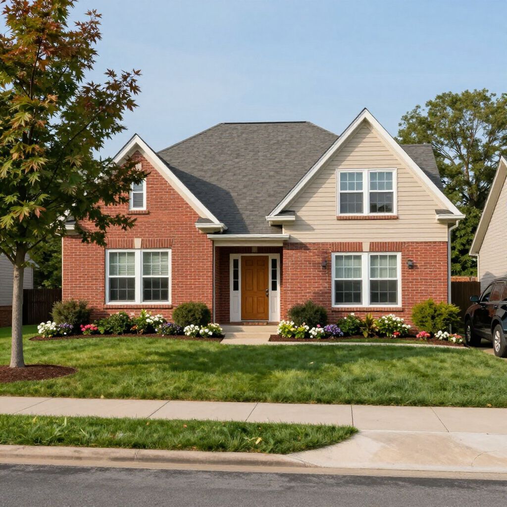 Brick house with tan siding, gray roof, green lawn, and flowering shrubs.